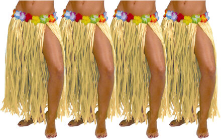 Hawaii verkleed rokje - 4x - voor volwassenen - naturel - 75 cm - rieten hoela rokje - tropisch - One size