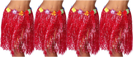 Hawaii verkleed rokje - 4x - voor volwassenen - rood - 50 cm - rieten hoela rokje - tropisch - One size
