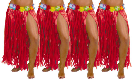 Hawaii verkleed rokje - 4x - voor volwassenen - rood - 75 cm - rieten hoela rokje - tropisch - One size