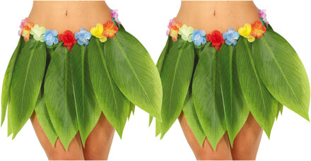 Hawaii verkleed rokje met bladeren - 2x - voor volwassenen - groen - 38 cm - hoela rokje - tropisch - One size