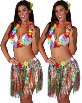 Hawaii verkleed set - 2x - voor volwassenen - multicolour - rieten rokje/bloemenkrans/haarclip bloem One size