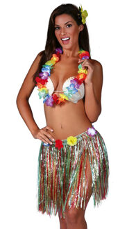 Hawaii verkleed set - volwassenen - multicolour - rieten rok/bloemenkrans/haarclip One size