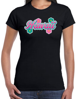 Hawaii zomer t-shirt zwart met bloemen voor dames M - Feestshirts