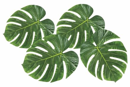 Hawaii/zomerse decoratie monstera palm bladeren set van 4x stuks - 15 x 35 cm per blad - Feestdecoratievoorwerp