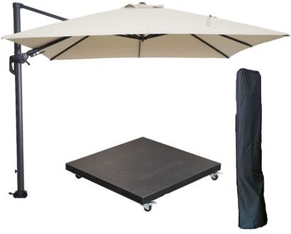 Hawaii zweefparasol 300x300 cm carbon black / ecru met 90kg verrijdbare parasolvoet en parasolhoes Bruin