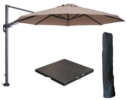 Hawaii zweefparasol Ø350 cm carbon black / taupe met 90kg black polished parasolvoet en parasolhoes