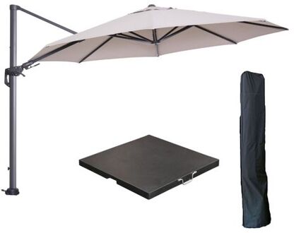 Hawaii zweefparasol Ø350 cm carbon black / zand met 90kg black polished parasolvoet en parasolhoes Bruin