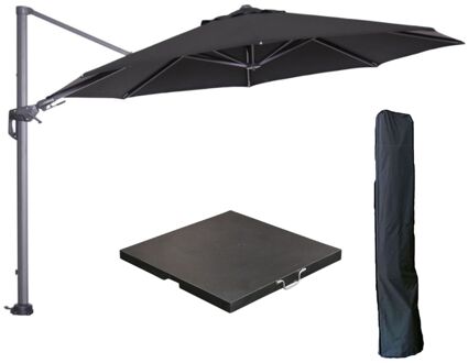 Hawaii zweefparasol Ø350 cm carbon black / zwart met 90kg black polished parasolvoet en parasolhoes