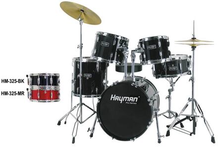 Hayman HM-325-BK 5-delig jazz drumstel 5-delig jazz drumstel, dubbelbenige statieven, zwart, drumkruk en bekkens inbegrepen