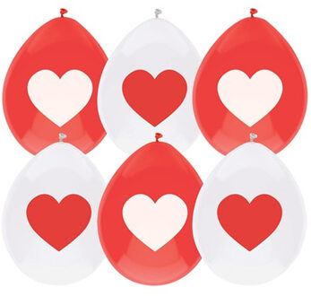 Haza Ballonnen Love hartjes print - Valentijn - rood/wit - 18x stuks - 29 cm - versiering