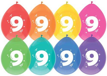 Haza Ballonnen multicolor met opdruk ""9"" 30 cm 8 stuks Multikleur