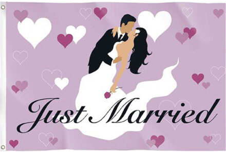 Haza bruiloft gevelvlag - Just Married - paars - 90 x 60 cm - vlaggen