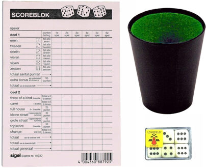 Haza Compleet Yahtzee spel set - 100 vellen scoreblok - 6 dobbelstenen - 1 beker Wit