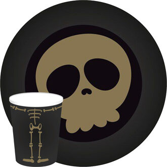 Haza Halloween/horror doodshoofd/schedel servies set - bordjes bekertjes - 32x - zwart - papier