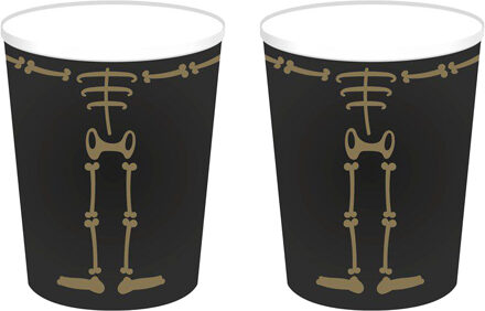 Haza Halloween/horror skelet feest bekers - 16x - zwart - papier - 250 ml