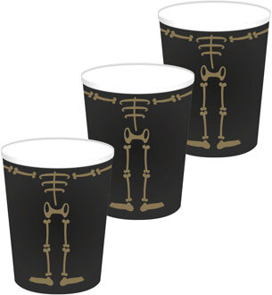 Haza Halloween/horror skelet feest bekers - 24x - zwart - papier - 250 ml