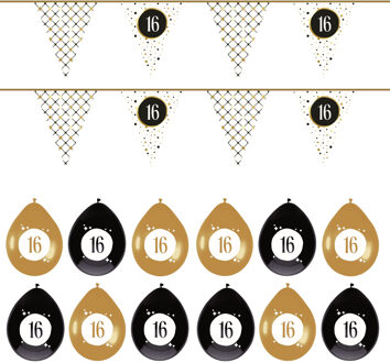 Haza Leeftijd verjaardag 16 jaar geworden feestpakket vlaggetjes/ballonnen