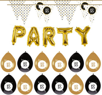 Haza Leeftijd verjaardag 18 jaar geworden feestpakket vlaggetjes/ballonnen