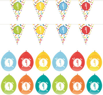 Haza Leeftijd verjaardag 4 jaar geworden feestpakket vlaggetjes/ballonnen