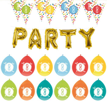 Haza Leeftijd verjaardag 8 jaar geworden feestpakket vlaggetjes/ballonnen