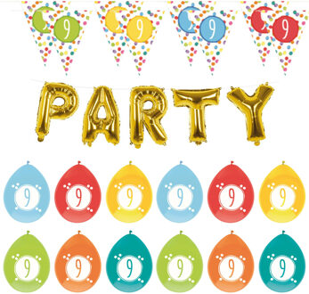Haza Leeftijd verjaardag 9 jaar geworden feestpakket vlaggetjes/ballonnen