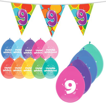 Haza Leeftijd verjaardag thema 9 jaar pakket ballonnen/vlaggetjes