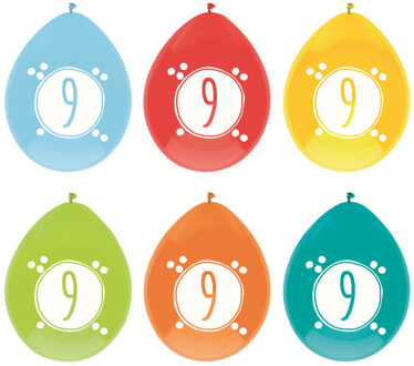 Haza Leeftijd verjaardag thema ballonnen 9 jaar 6x stuks 30 cm - Ballonnen Multikleur