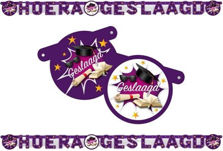 Haza Letterslinger geslaagd thema - 2x - paars/wit - karton - 170 cm - examenfeest versiering - Feestslingers Multikleur