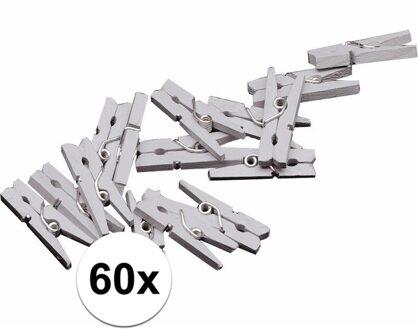 Haza Mini knijpertjes - 60x st - zilver - 2 cm - hout - knijpers - miniknijpers