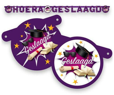 Haza Original Haza Letterslinger geslaagd thema - paars/wit - karton - 170 cm - examenfeest versiering - Feestslingers Multikleur