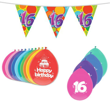 Haza Original Leeftijd verjaardag thema 16 jaar pakket ballonnen/vlaggetjes - Feestpakketten