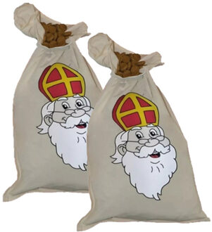 Haza Sinterklaas strooizak voor snoep - 2x - katoen - 35 x 60 cm - Sint en Piet strooigoed zakken