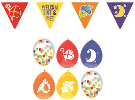 Haza Sinterklaas versiering - 3x stuks plastic vlaggenlijnen 6 meter en 30x ballonnen