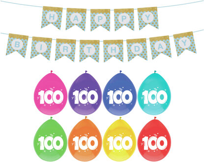 Haza Verjaardag 100 jaar geworden versiering - 16x thema ballonnen - 1x Happy Birthday slinger 300 cm