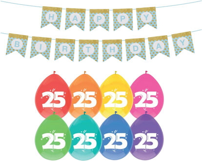 Haza Verjaardag 25 jaar geworden versiering - 16x thema ballonnen - 1x Happy Birthday slinger 300 cm