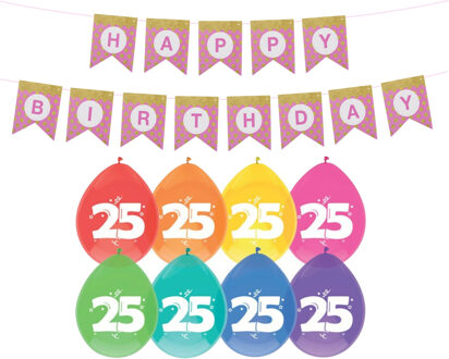 Haza Verjaardag 25 jaar geworden versiering - 16x thema ballonnen - 1x Happy Birthday slinger 300 cm