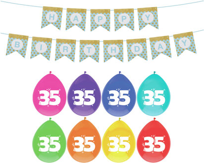 Haza Verjaardag 35 jaar geworden versiering - 16x thema ballonnen - 1x Happy Birthday slinger 300 cm