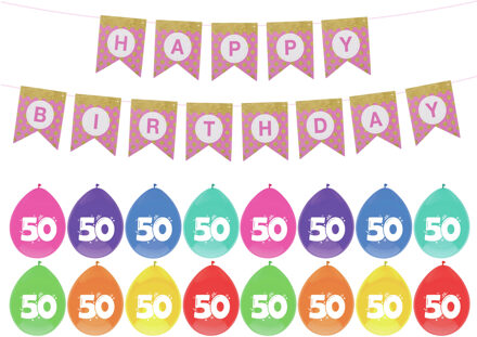 Haza Verjaardag 50 jaar geworden versiering - 32x thema ballonnen - 1x Happy Birthday slinger 300 cm