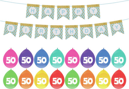Haza Verjaardag 50 jaar geworden versiering - 32x thema ballonnen - 1x Happy Birthday slinger 300 cm