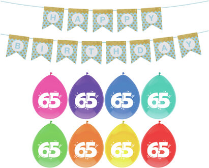 Haza Verjaardag 65 jaar geworden versiering - 16x thema ballonnen - 1x Happy Birthday slinger 300 cm