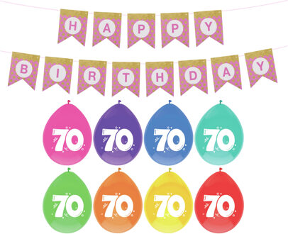 Haza Verjaardag 70 jaar geworden versiering - 16x thema ballonnen - 1x Happy Birthday slinger 300 cm