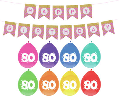 Haza Verjaardag 80 jaar geworden versiering - 16x thema ballonnen - 1x Happy Birthday slinger 300 cm