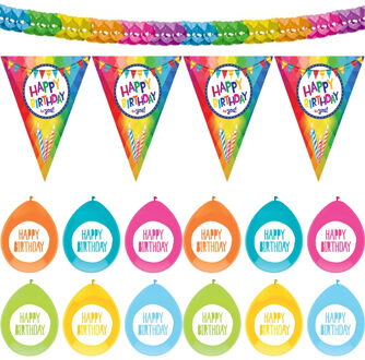 Haza Verjaardag versiering pakket Happy Birthday - ballonnen/vlaggetjes/feestslinger