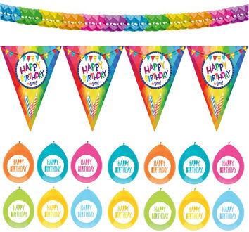 Haza Verjaardag versiering pakket Happy Birthday - ballonnen/vlaggetjes/feestslinger