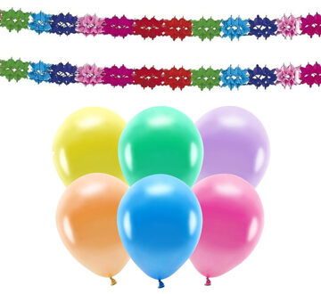 Haza Verjaardag woonkamer versiering set - 2x slingers - en 100x party ballonnen - in mix kleuren