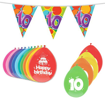 Haza Versiering pakket - 10 jaar - ballonnen/vlaggetjes - 10e verjaardag - Leeftijd verjaardag thema