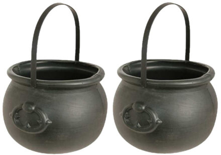 Haza Witbaard Heksenketel - 2x - kookpot - zwart - kunststof - 15 x 20 cm - versiering - accessoires