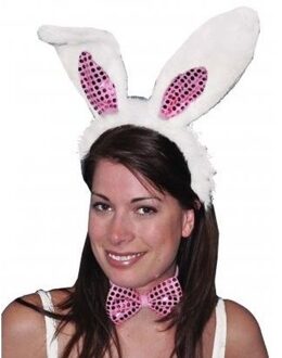Hazen/konijnen witte oren diadeem met roze strik - Verkleedhoofddeksels