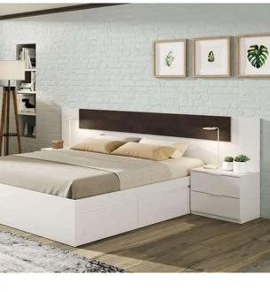 Headboard and 2 artik White and rust bedside tables.