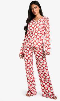 Heart Print Long Sleeve Shirt & Trouser Pyjama Set, Red - 40